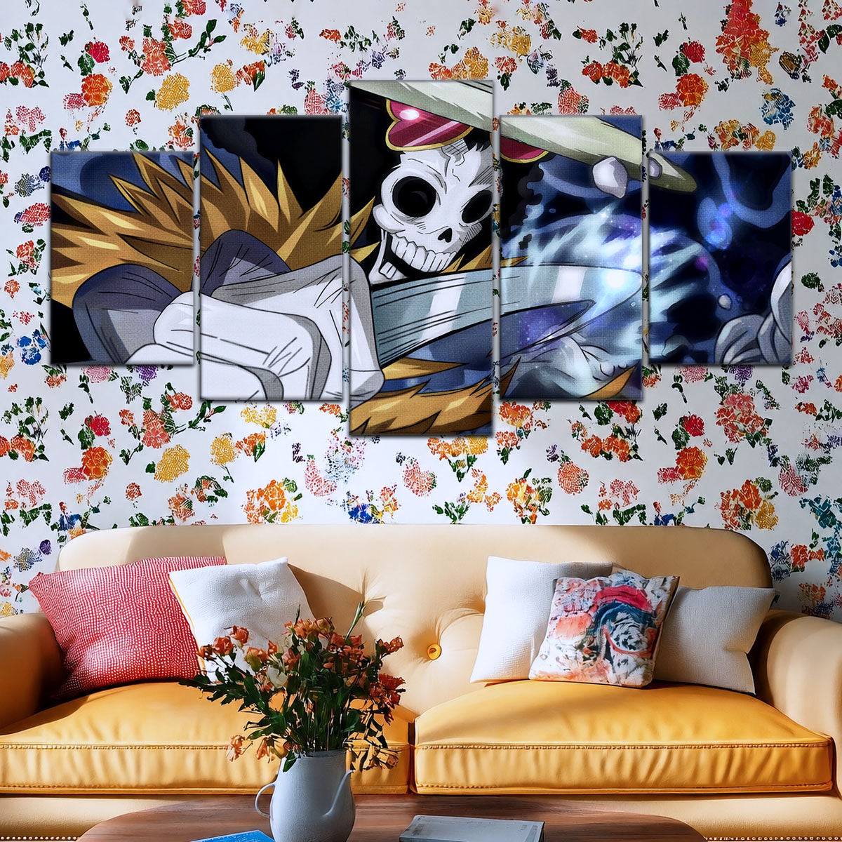 One Piece Canvas Wall Art - Brook "Soul King" 5 Piece Split Panel Anime Poster - Framed Ready to Hang Living Room & Man Cave Decor - OP5004