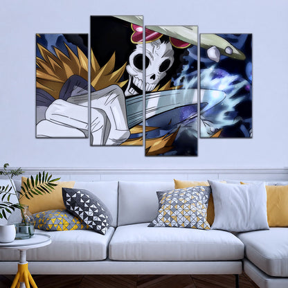 One Piece Canvas Wall Art - Brook "Soul King" 5 Piece Split Panel Anime Poster - Framed Ready to Hang Living Room & Man Cave Decor - OP5004