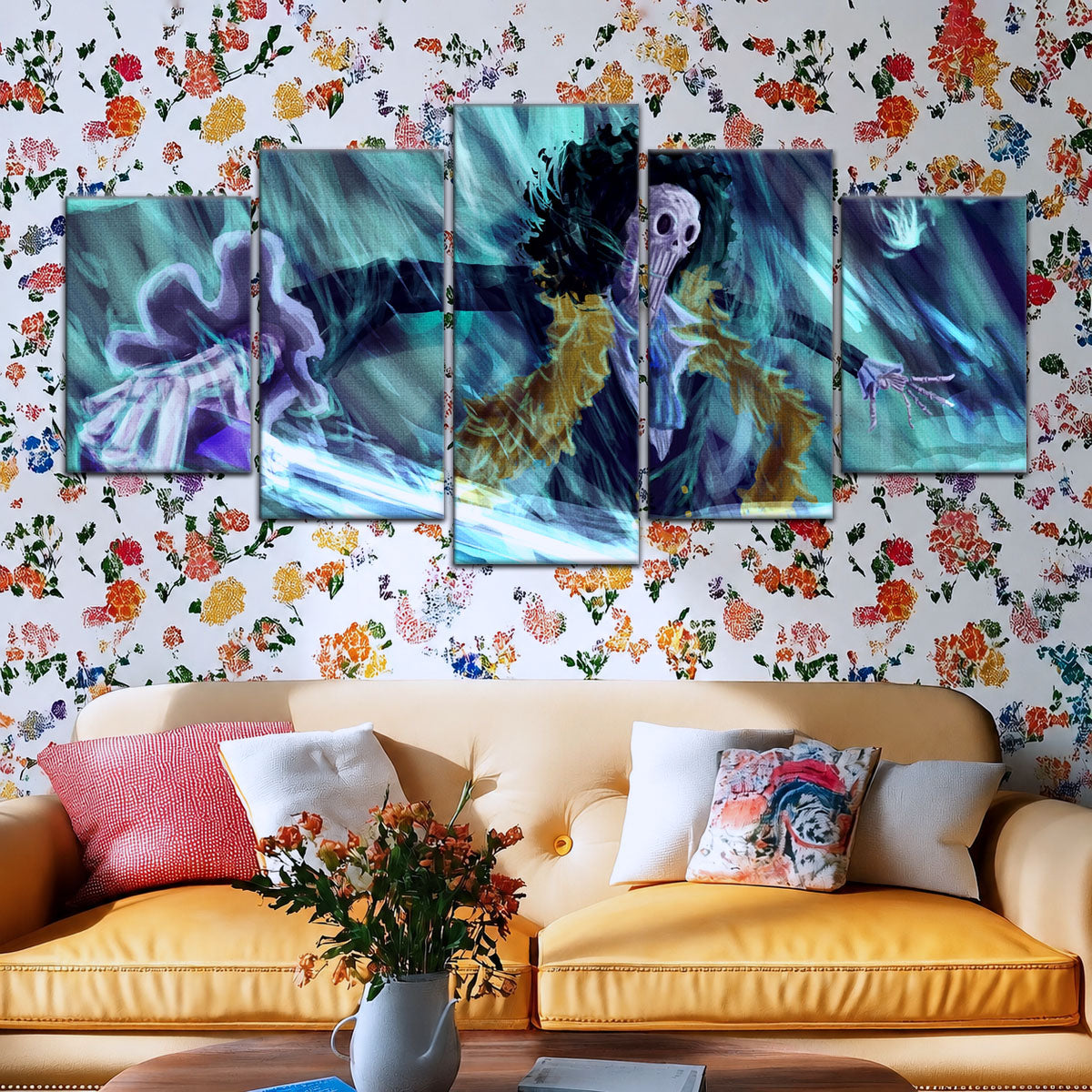 One Piece Canvas Wall Art - Brook "Soul King" 5 Piece Split Panel Anime Poster - Framed Ready to Hang Living Room & Man Cave Decor - OP5005
