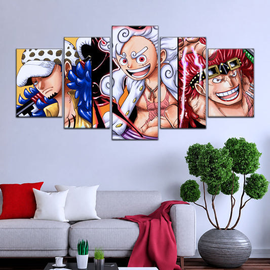 One Piece Wano Trio Canvas Wall Art - Luffy Gear 5, Law & Kid 5 Piece Split Panel Anime Poster - Framed Ready to Hang Living Room & Man Cave Decor - OP5008