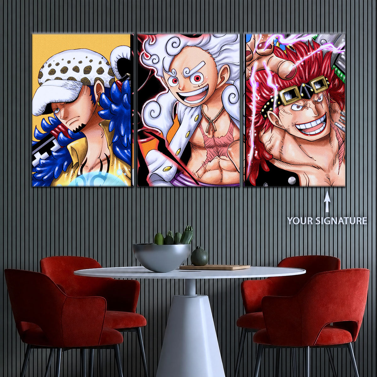One Piece Wano Trio Canvas Wall Art - Luffy Gear 5, Law & Kid 5 Piece Split Panel Anime Poster - Framed Ready to Hang Living Room & Man Cave Decor - OP5008
