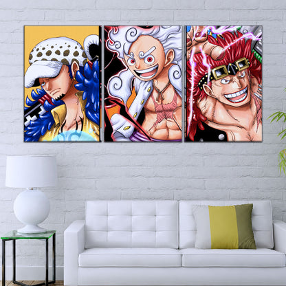 One Piece Wano Trio Canvas Wall Art - Luffy Gear 5, Law & Kid 5 Piece Split Panel Anime Poster - Framed Ready to Hang Living Room & Man Cave Decor - OP5008