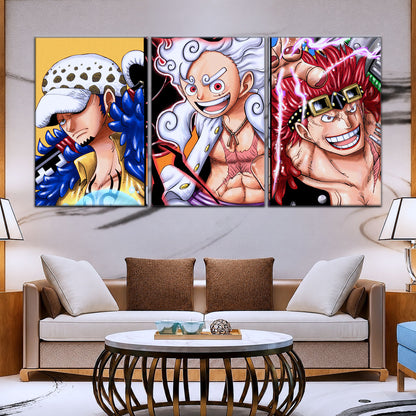 One Piece Wano Trio Canvas Wall Art - Luffy Gear 5, Law & Kid 5 Piece Split Panel Anime Poster - Framed Ready to Hang Living Room & Man Cave Decor - OP5008