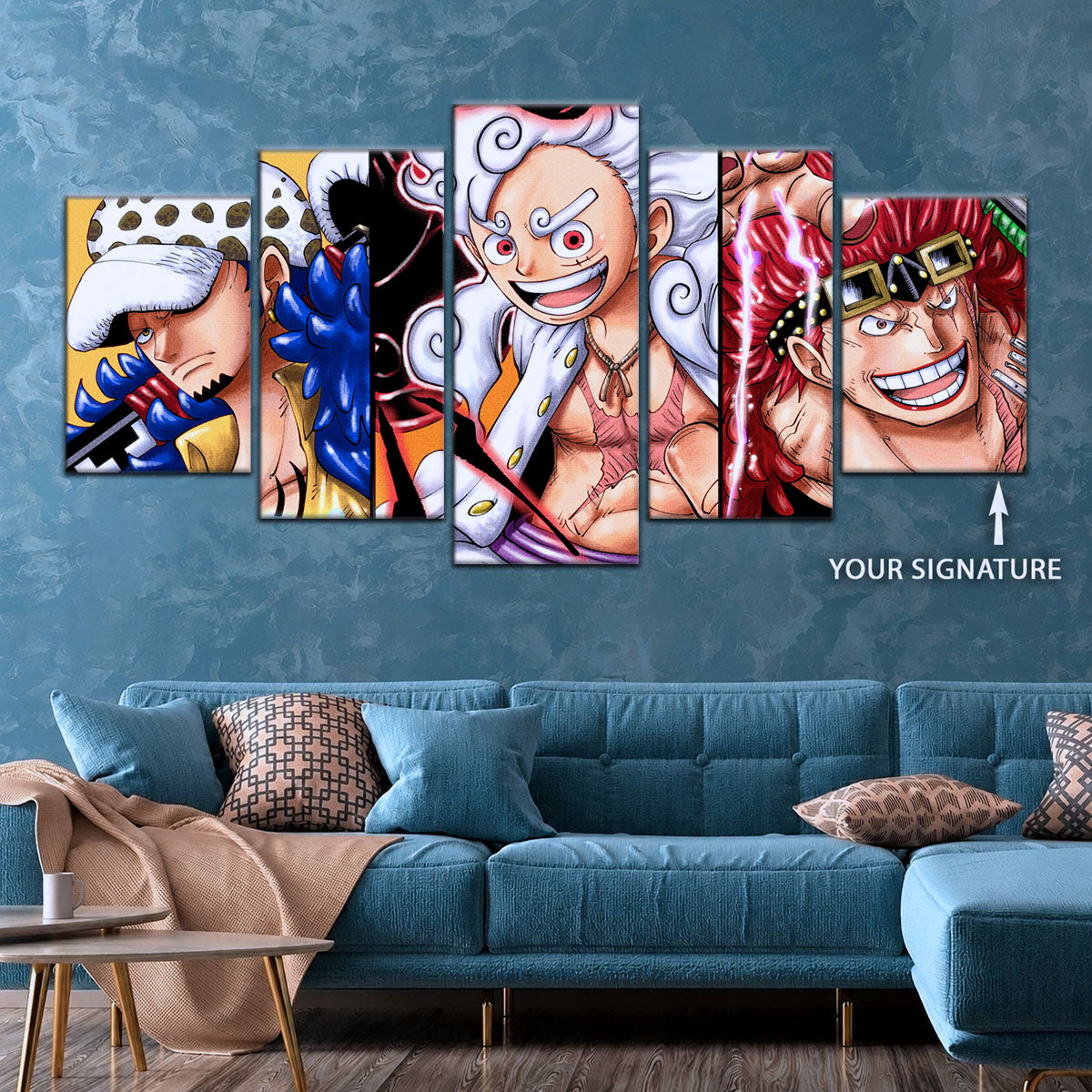 One Piece Wano Trio Canvas Wall Art - Luffy Gear 5, Law & Kid 5 Piece Split Panel Anime Poster - Framed Ready to Hang Living Room & Man Cave Decor - OP5008