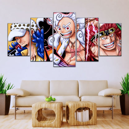 One Piece Wano Trio Canvas Wall Art - Luffy Gear 5, Law & Kid 5 Piece Split Panel Anime Poster - Framed Ready to Hang Living Room & Man Cave Decor - OP5008