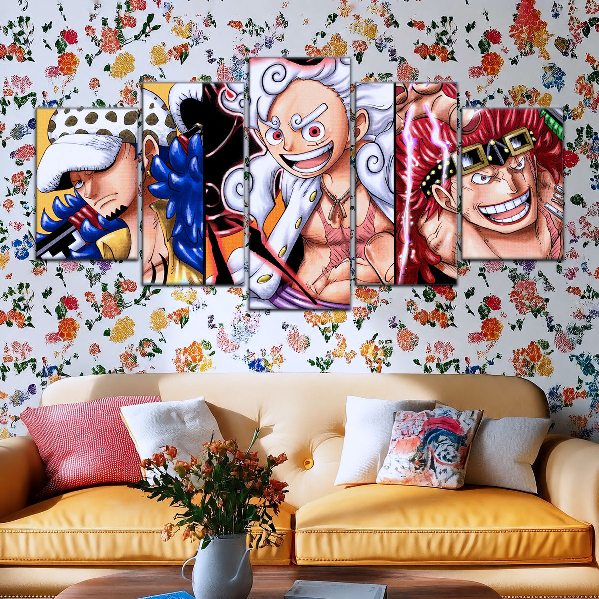 One Piece Wano Trio Canvas Wall Art - Luffy Gear 5, Law & Kid 5 Piece Split Panel Anime Poster - Framed Ready to Hang Living Room & Man Cave Decor - OP5008