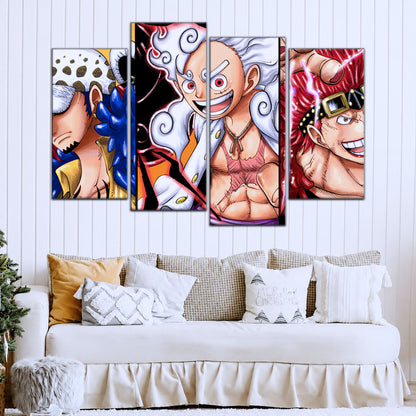One Piece Wano Trio Canvas Wall Art - Luffy Gear 5, Law & Kid 5 Piece Split Panel Anime Poster - Framed Ready to Hang Living Room & Man Cave Decor - OP5008