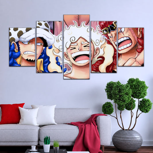 One Piece Wano Trio Canvas Wall Art - Luffy Gear 5, Law & Kid 5 Piece Split Panel Anime Poster - Framed Ready to Hang Living Room & Man Cave Decor - OP5009