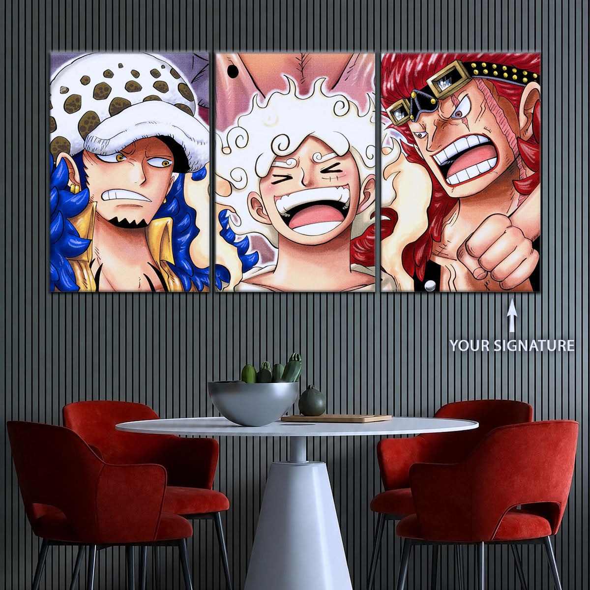 One Piece Wano Trio Canvas Wall Art - Luffy Gear 5, Law & Kid 5 Piece Split Panel Anime Poster - Framed Ready to Hang Living Room & Man Cave Decor - OP5009