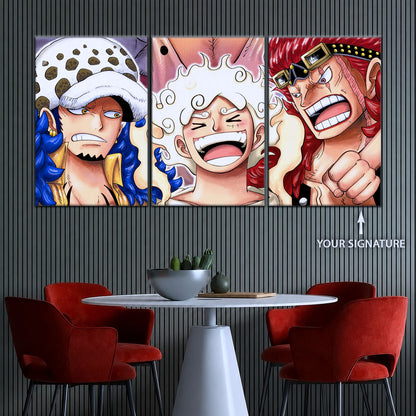 One Piece Wano Trio Canvas Wall Art - Luffy Gear 5, Law & Kid 5 Piece Split Panel Anime Poster - Framed Ready to Hang Living Room & Man Cave Decor - OP5009