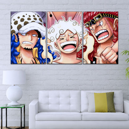 One Piece Wano Trio Canvas Wall Art - Luffy Gear 5, Law & Kid 5 Piece Split Panel Anime Poster - Framed Ready to Hang Living Room & Man Cave Decor - OP5009