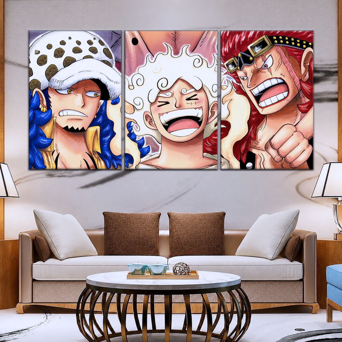 One Piece Wano Trio Canvas Wall Art - Luffy Gear 5, Law & Kid 5 Piece Split Panel Anime Poster - Framed Ready to Hang Living Room & Man Cave Decor - OP5009