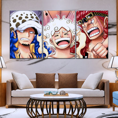 One Piece Wano Trio Canvas Wall Art - Luffy Gear 5, Law & Kid 5 Piece Split Panel Anime Poster - Framed Ready to Hang Living Room & Man Cave Decor - OP5009