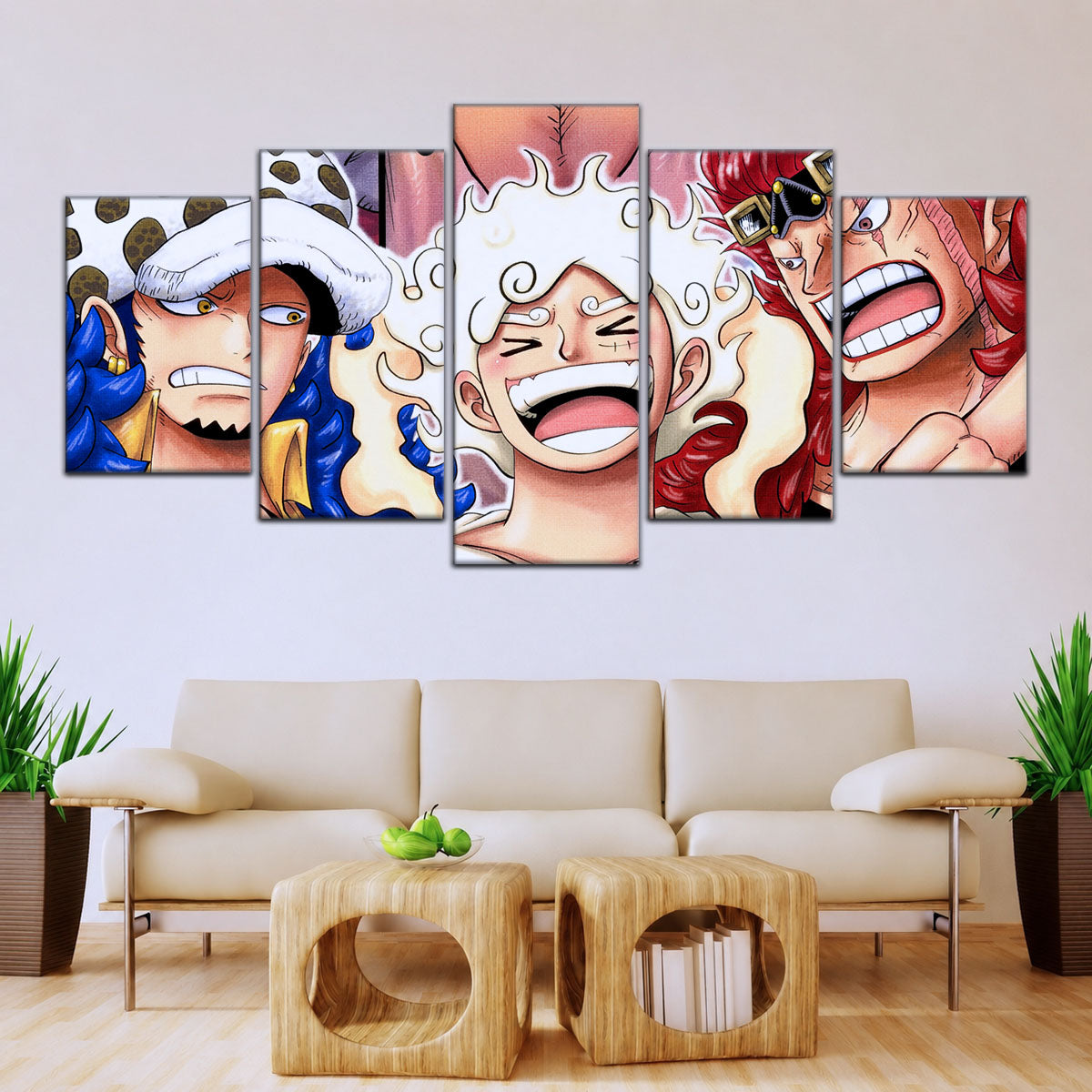 One Piece Wano Trio Canvas Wall Art - Luffy Gear 5, Law & Kid 5 Piece Split Panel Anime Poster - Framed Ready to Hang Living Room & Man Cave Decor - OP5009