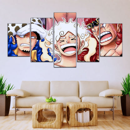 One Piece Wano Trio Canvas Wall Art - Luffy Gear 5, Law & Kid 5 Piece Split Panel Anime Poster - Framed Ready to Hang Living Room & Man Cave Decor - OP5009