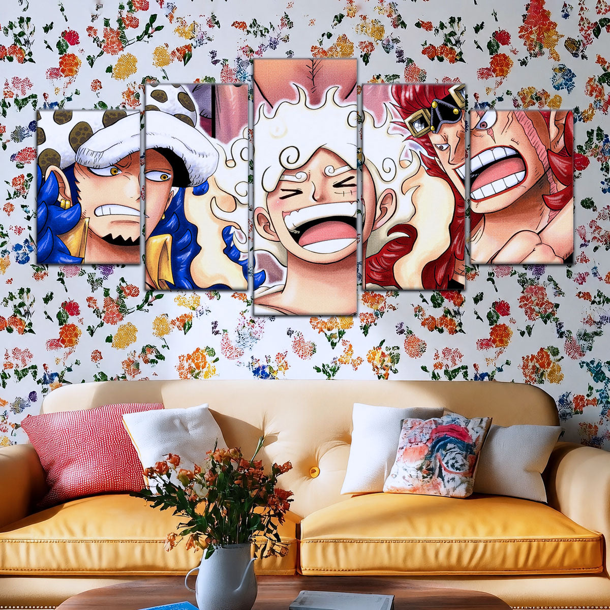 One Piece Wano Trio Canvas Wall Art - Luffy Gear 5, Law & Kid 5 Piece Split Panel Anime Poster - Framed Ready to Hang Living Room & Man Cave Decor - OP5009