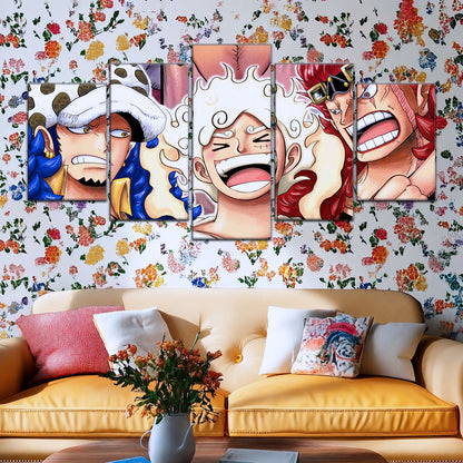 One Piece Wano Trio Canvas Wall Art - Luffy Gear 5, Law & Kid 5 Piece Split Panel Anime Poster - Framed Ready to Hang Living Room & Man Cave Decor - OP5009