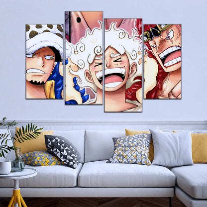One Piece Wano Trio Canvas Wall Art - Luffy Gear 5, Law & Kid 5 Piece Split Panel Anime Poster - Framed Ready to Hang Living Room & Man Cave Decor - OP5009