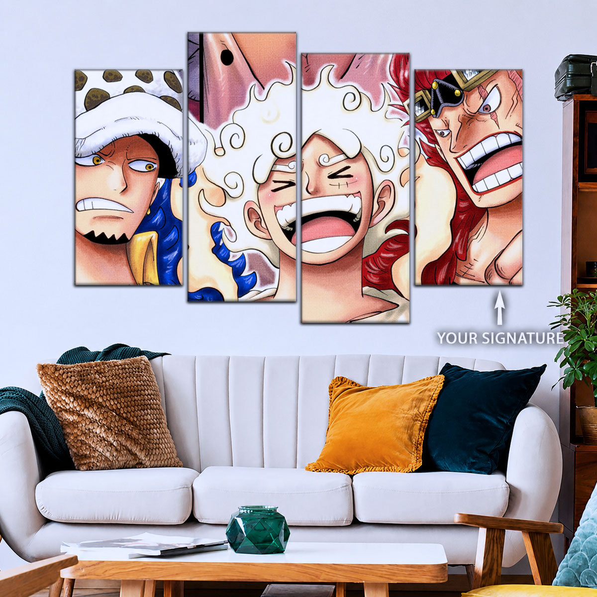 One Piece Wano Trio Canvas Wall Art - Luffy Gear 5, Law & Kid 5 Piece Split Panel Anime Poster - Framed Ready to Hang Living Room & Man Cave Decor - OP5009