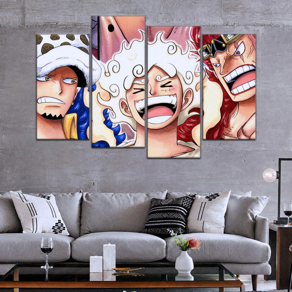 One Piece Wano Trio Canvas Wall Art - Luffy Gear 5, Law & Kid 5 Piece Split Panel Anime Poster - Framed Ready to Hang Living Room & Man Cave Decor - OP5009