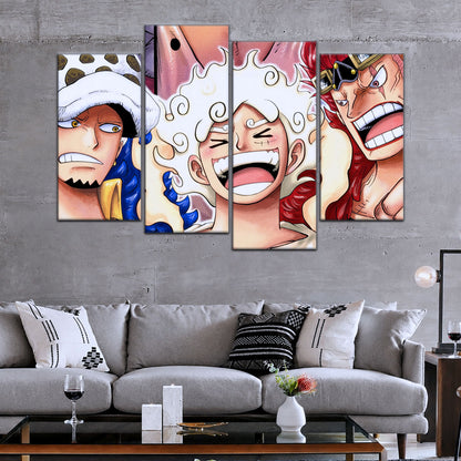 One Piece Wano Trio Canvas Wall Art - Luffy Gear 5, Law & Kid 5 Piece Split Panel Anime Poster - Framed Ready to Hang Living Room & Man Cave Decor - OP5009