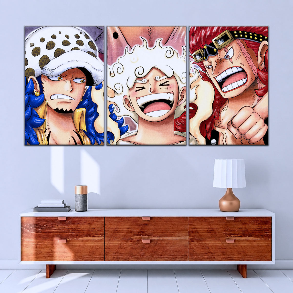 One Piece Wano Trio Canvas Wall Art - Luffy Gear 5, Law & Kid 5 Piece Split Panel Anime Poster - Framed Ready to Hang Living Room & Man Cave Decor - OP5009
