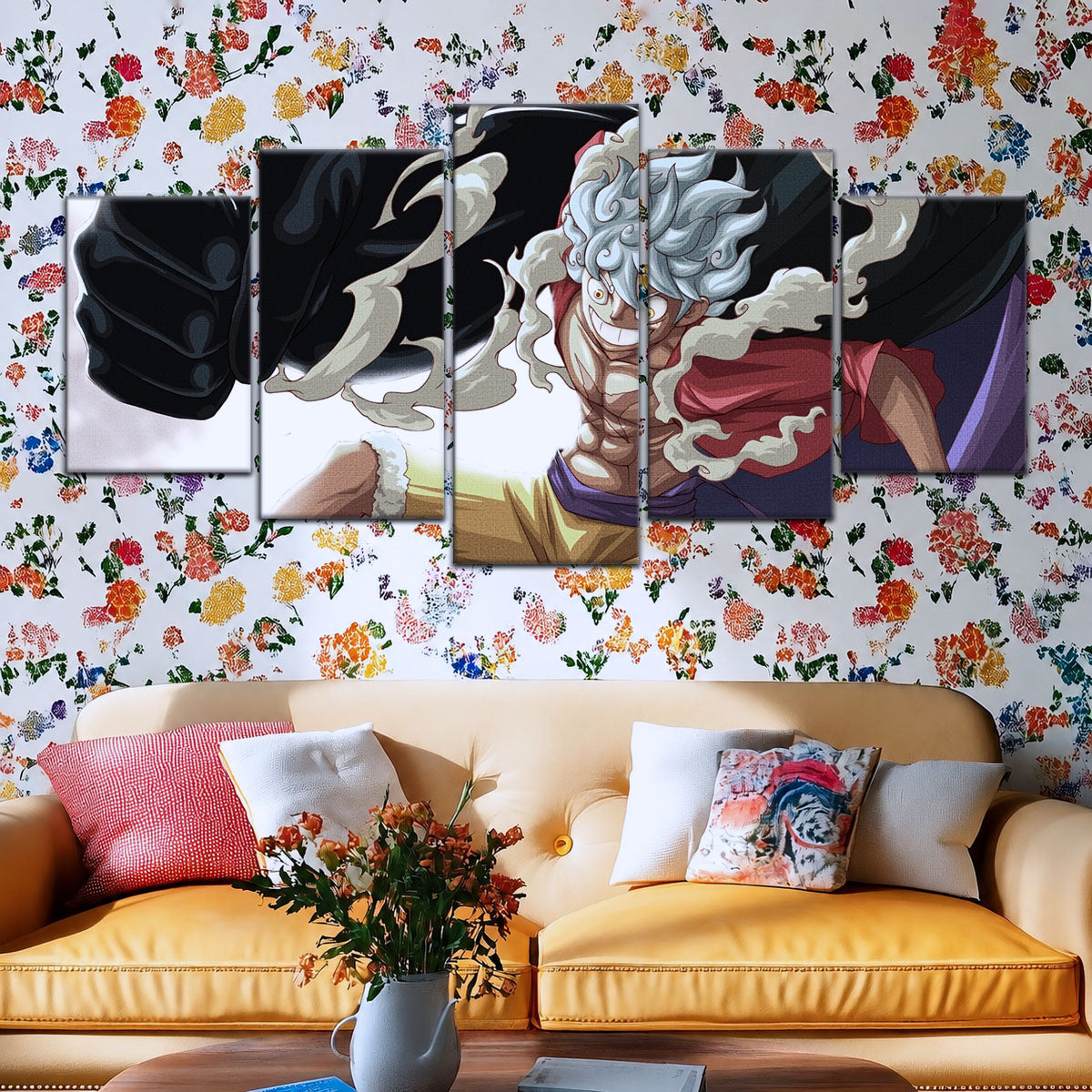 One Piece Canvas Wall Art - Luffy Gear Fifth 5 Piece Split Panel Anime Poster - Framed Ready to Hang Living Room & Man Cave Decor - OP5010