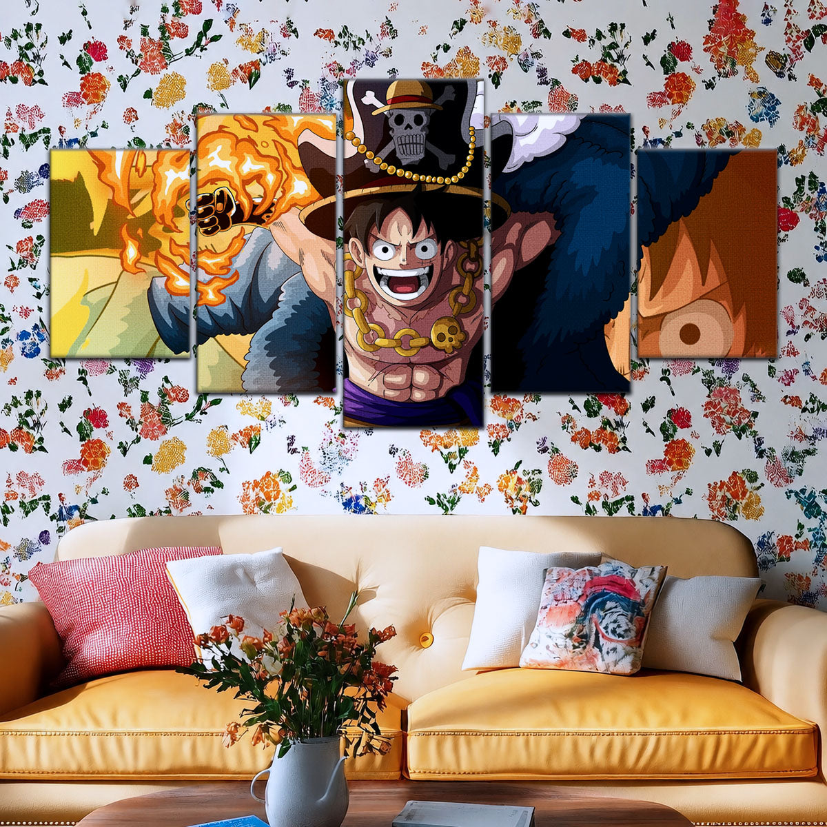 One Piece Canvas Wall Art - Gear Fourth Luffy Unleashed 5 Piece Split Panel Anime Poster - Framed Ready to Hang Living Room & Man Cave Decor - OP5013