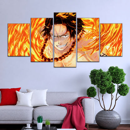 One Piece Canvas Wall Art - Portgas D. Ace Fire Fist 5 Piece Split Panel Anime Poster - Framed Ready to Hang Living Room & Man Cave Decor - OP5015
