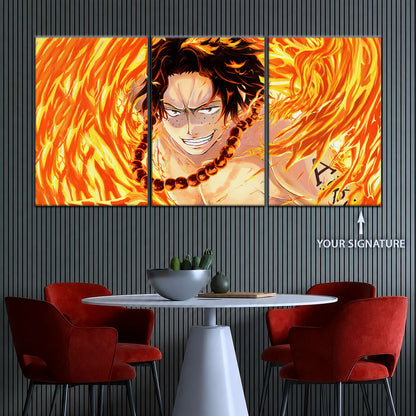 One Piece Canvas Wall Art - Portgas D. Ace Fire Fist 5 Piece Split Panel Anime Poster - Framed Ready to Hang Living Room & Man Cave Decor - OP5015