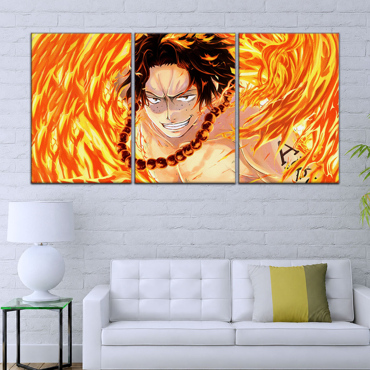 One Piece Canvas Wall Art - Portgas D. Ace Fire Fist 5 Piece Split Panel Anime Poster - Framed Ready to Hang Living Room & Man Cave Decor - OP5015