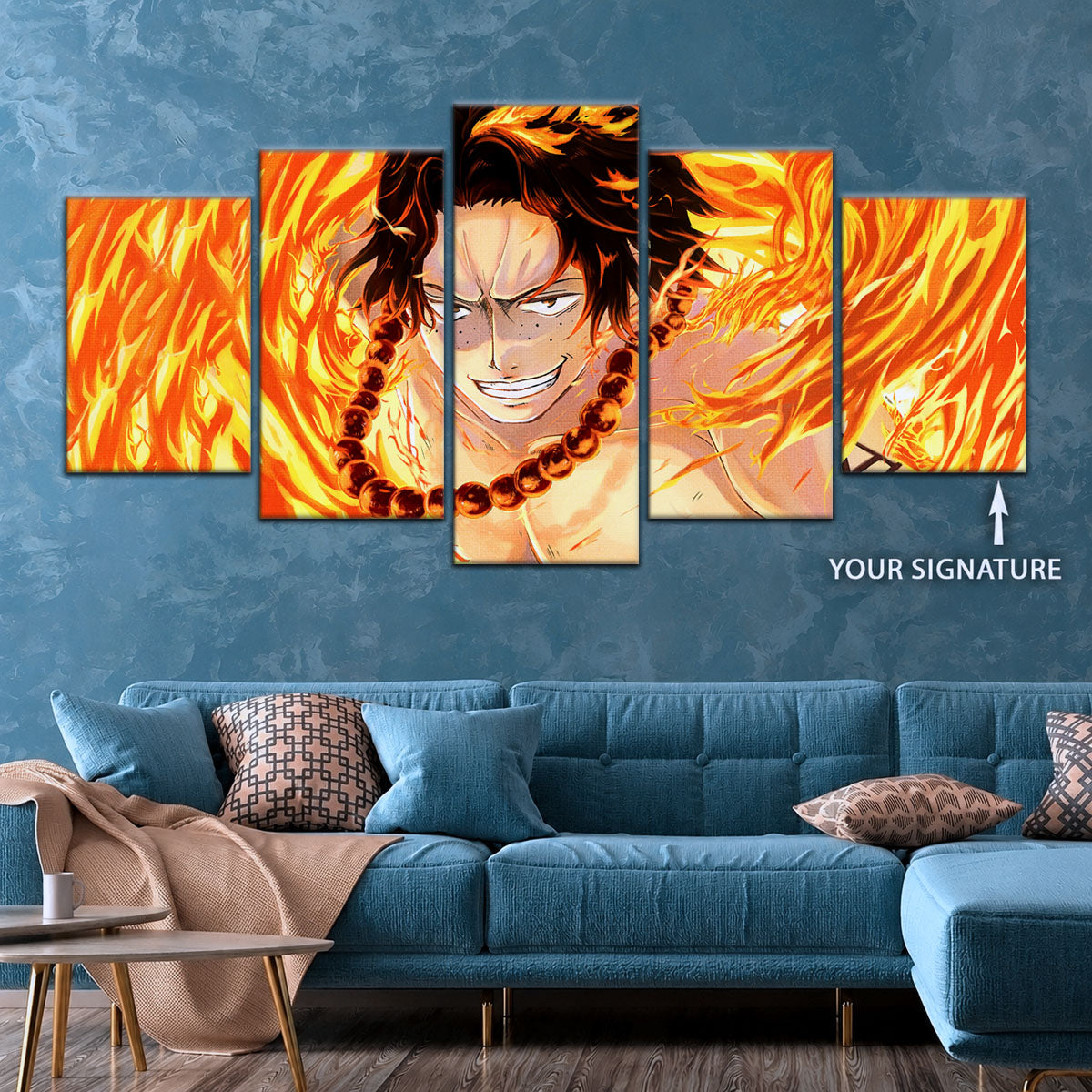 One Piece Canvas Wall Art - Portgas D. Ace Fire Fist 5 Piece Split Panel Anime Poster - Framed Ready to Hang Living Room & Man Cave Decor - OP5015