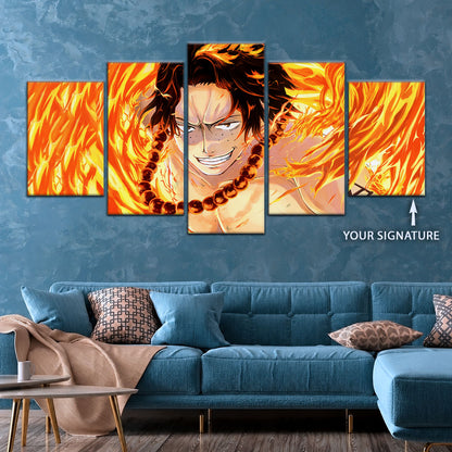 One Piece Canvas Wall Art - Portgas D. Ace Fire Fist 5 Piece Split Panel Anime Poster - Framed Ready to Hang Living Room & Man Cave Decor - OP5015