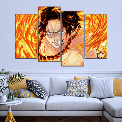 One Piece Canvas Wall Art - Portgas D. Ace Fire Fist 5 Piece Split Panel Anime Poster - Framed Ready to Hang Living Room & Man Cave Decor - OP5015