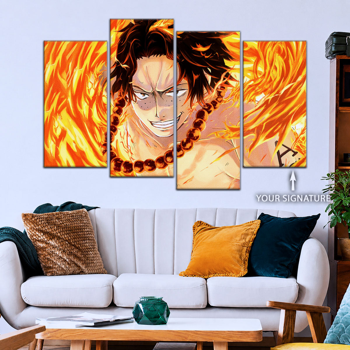 One Piece Canvas Wall Art - Portgas D. Ace Fire Fist 5 Piece Split Panel Anime Poster - Framed Ready to Hang Living Room & Man Cave Decor - OP5015