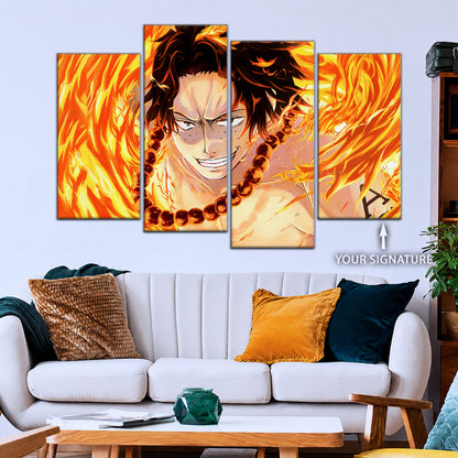 One Piece Canvas Wall Art - Portgas D. Ace Fire Fist 5 Piece Split Panel Anime Poster - Framed Ready to Hang Living Room & Man Cave Decor - OP5015