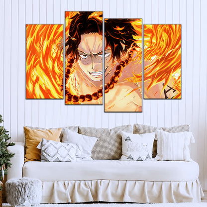 One Piece Canvas Wall Art - Portgas D. Ace Fire Fist 5 Piece Split Panel Anime Poster - Framed Ready to Hang Living Room & Man Cave Decor - OP5015