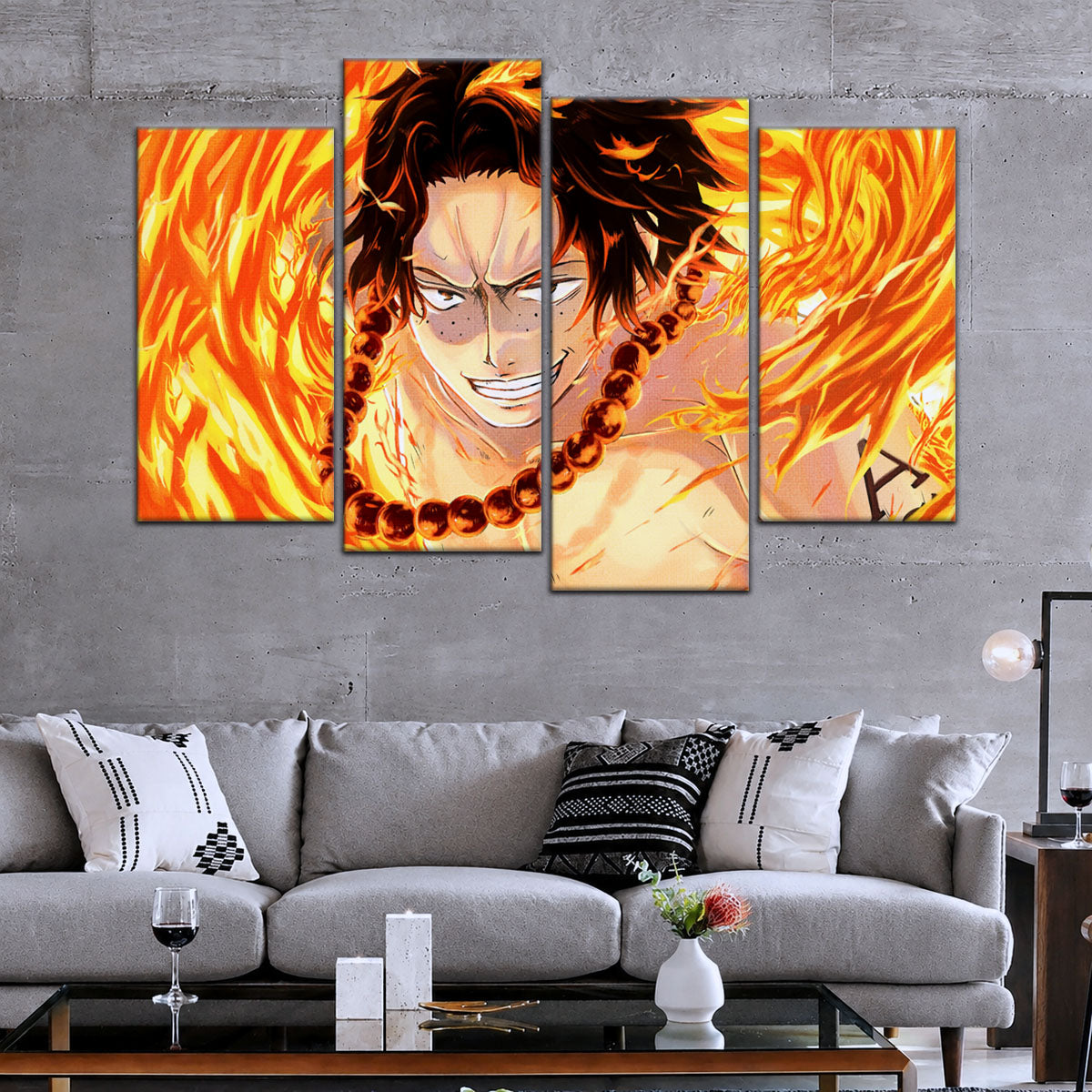 One Piece Canvas Wall Art - Portgas D. Ace Fire Fist 5 Piece Split Panel Anime Poster - Framed Ready to Hang Living Room & Man Cave Decor - OP5015