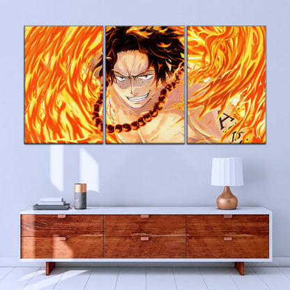 One Piece Canvas Wall Art - Portgas D. Ace Fire Fist 5 Piece Split Panel Anime Poster - Framed Ready to Hang Living Room & Man Cave Decor - OP5015