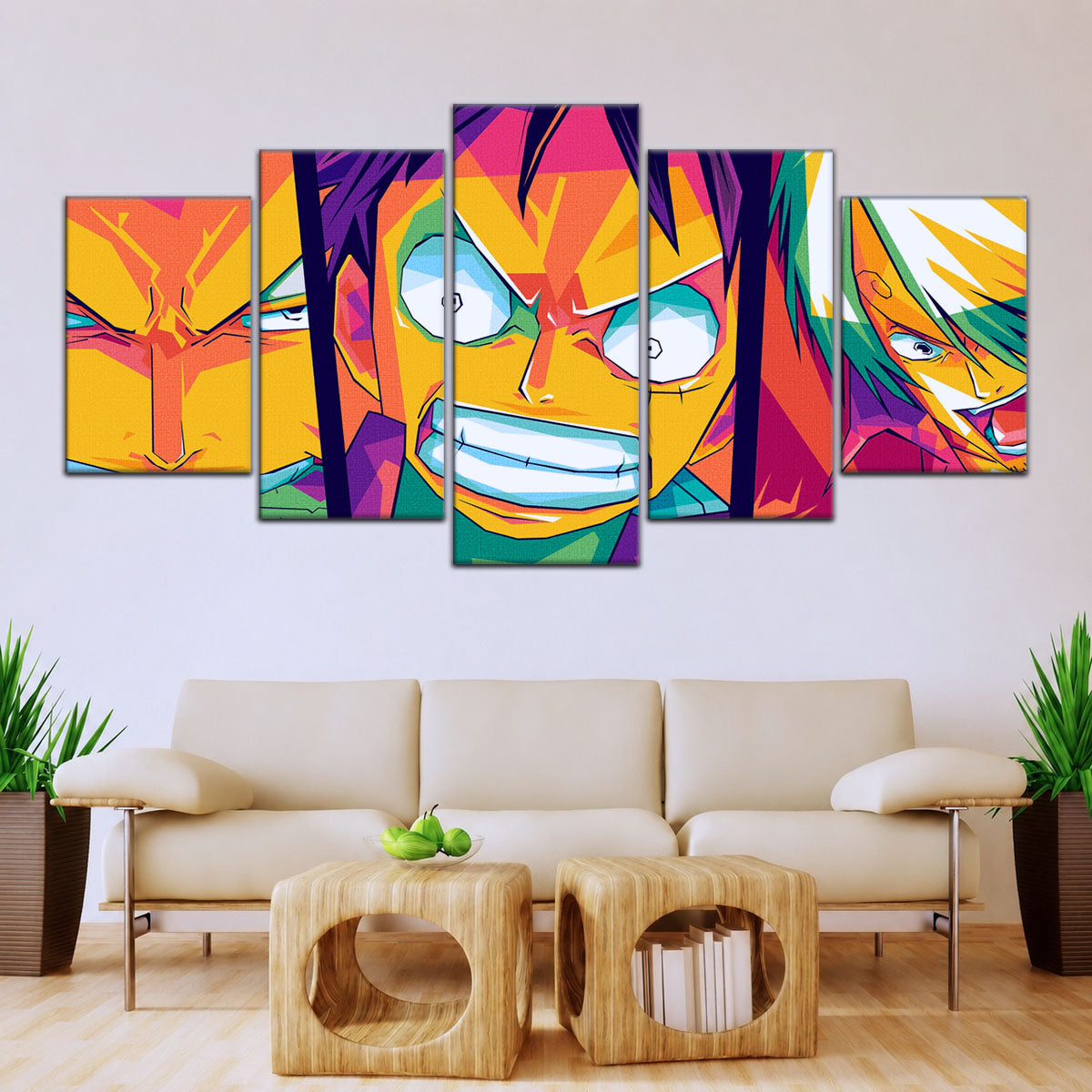 One Piece Canvas Wall Art - Monster Trio Luffy, Zoro & Sanji 5 Piece Split Panel Anime Poster - Framed Ready to Hang Living Room & Man Cave Decor - OP5016