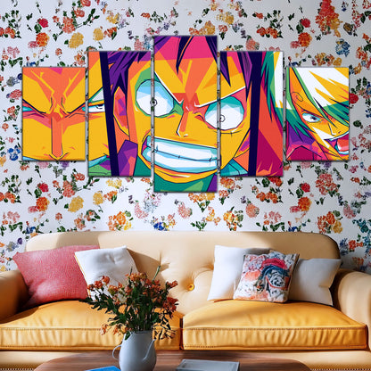 One Piece Canvas Wall Art - Monster Trio Luffy, Zoro & Sanji 5 Piece Split Panel Anime Poster - Framed Ready to Hang Living Room & Man Cave Decor - OP5016