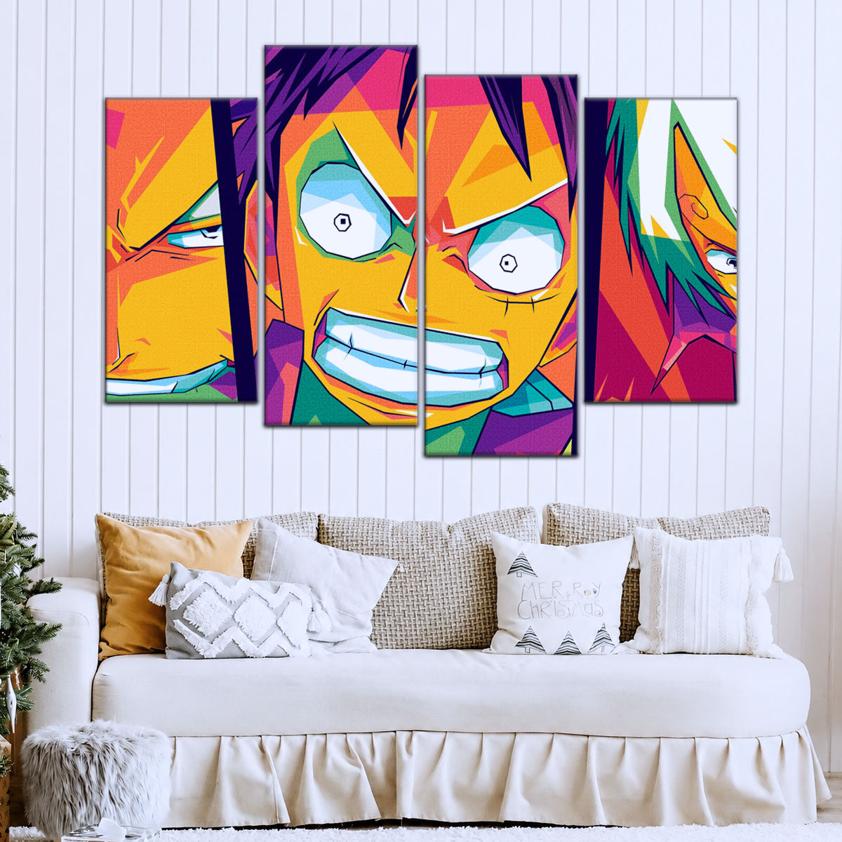 One Piece Canvas Wall Art - Monster Trio Luffy, Zoro & Sanji 5 Piece Split Panel Anime Poster - Framed Ready to Hang Living Room & Man Cave Decor - OP5016