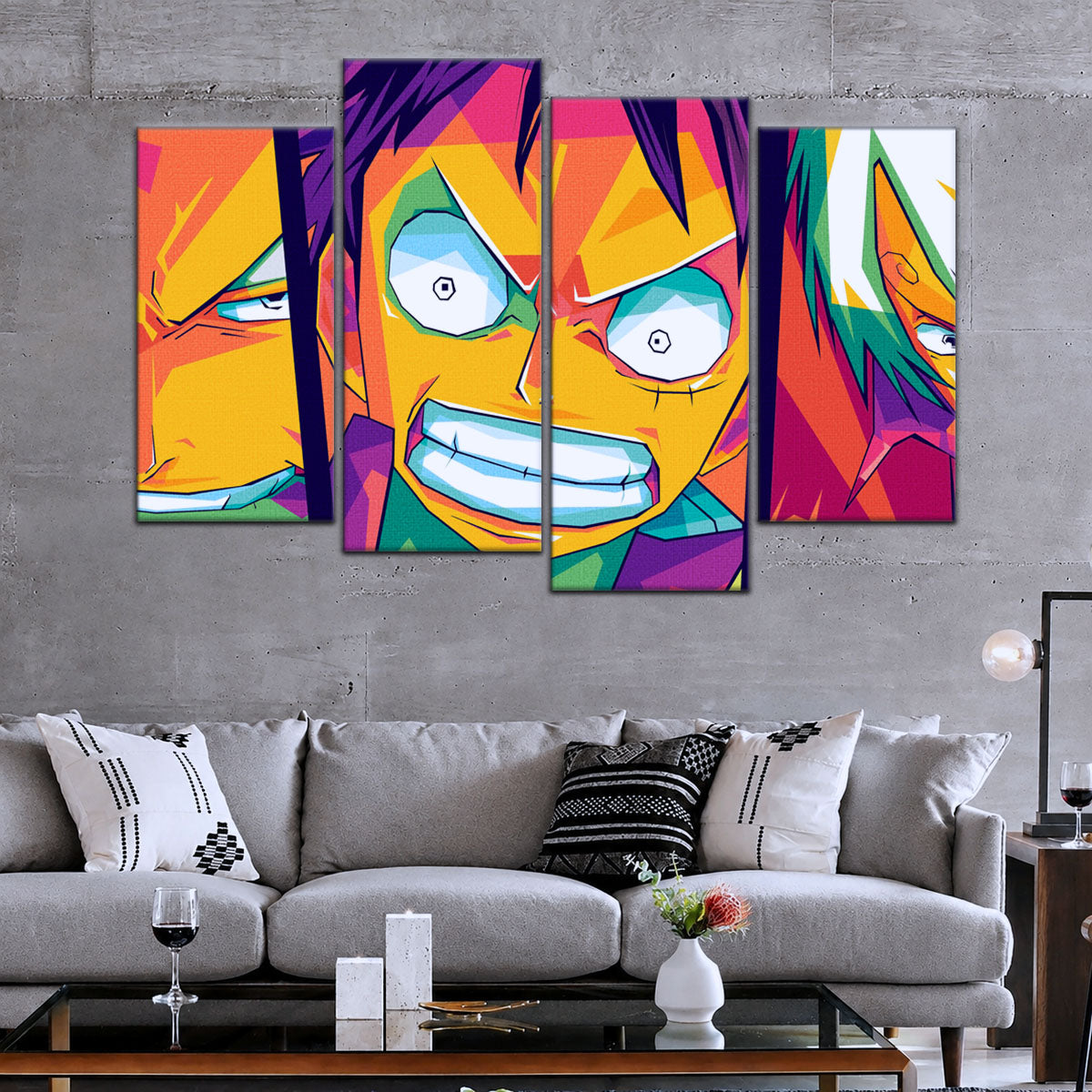 One Piece Canvas Wall Art - Monster Trio Luffy, Zoro & Sanji 5 Piece Split Panel Anime Poster - Framed Ready to Hang Living Room & Man Cave Decor - OP5016