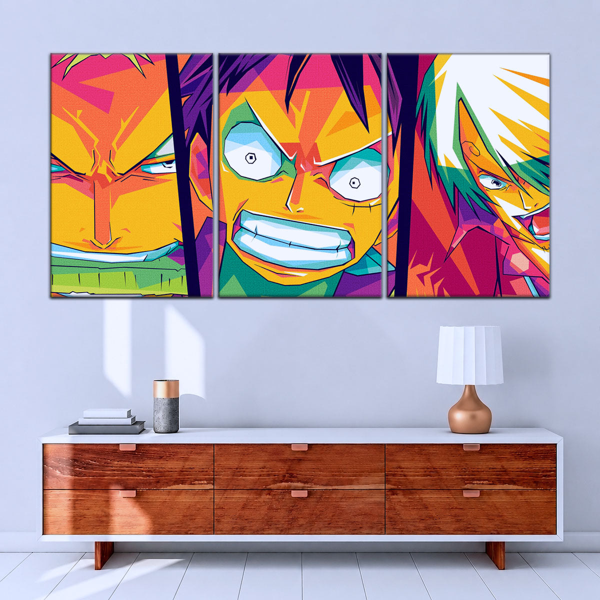 One Piece Canvas Wall Art - Monster Trio Luffy, Zoro & Sanji 5 Piece Split Panel Anime Poster - Framed Ready to Hang Living Room & Man Cave Decor - OP5016