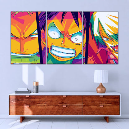 One Piece Canvas Wall Art - Monster Trio Luffy, Zoro & Sanji 5 Piece Split Panel Anime Poster - Framed Ready to Hang Living Room & Man Cave Decor - OP5016