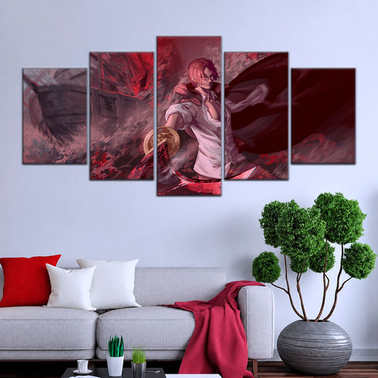 One Piece Canvas Wall Art - Red Hair Shanks 5 Piece Split Panel Anime Poster - Framed Ready to Hang Living Room & Man Cave Decor - OP5017