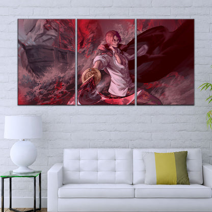 One Piece Canvas Wall Art - Red Hair Shanks 5 Piece Split Panel Anime Poster - Framed Ready to Hang Living Room & Man Cave Decor - OP5017