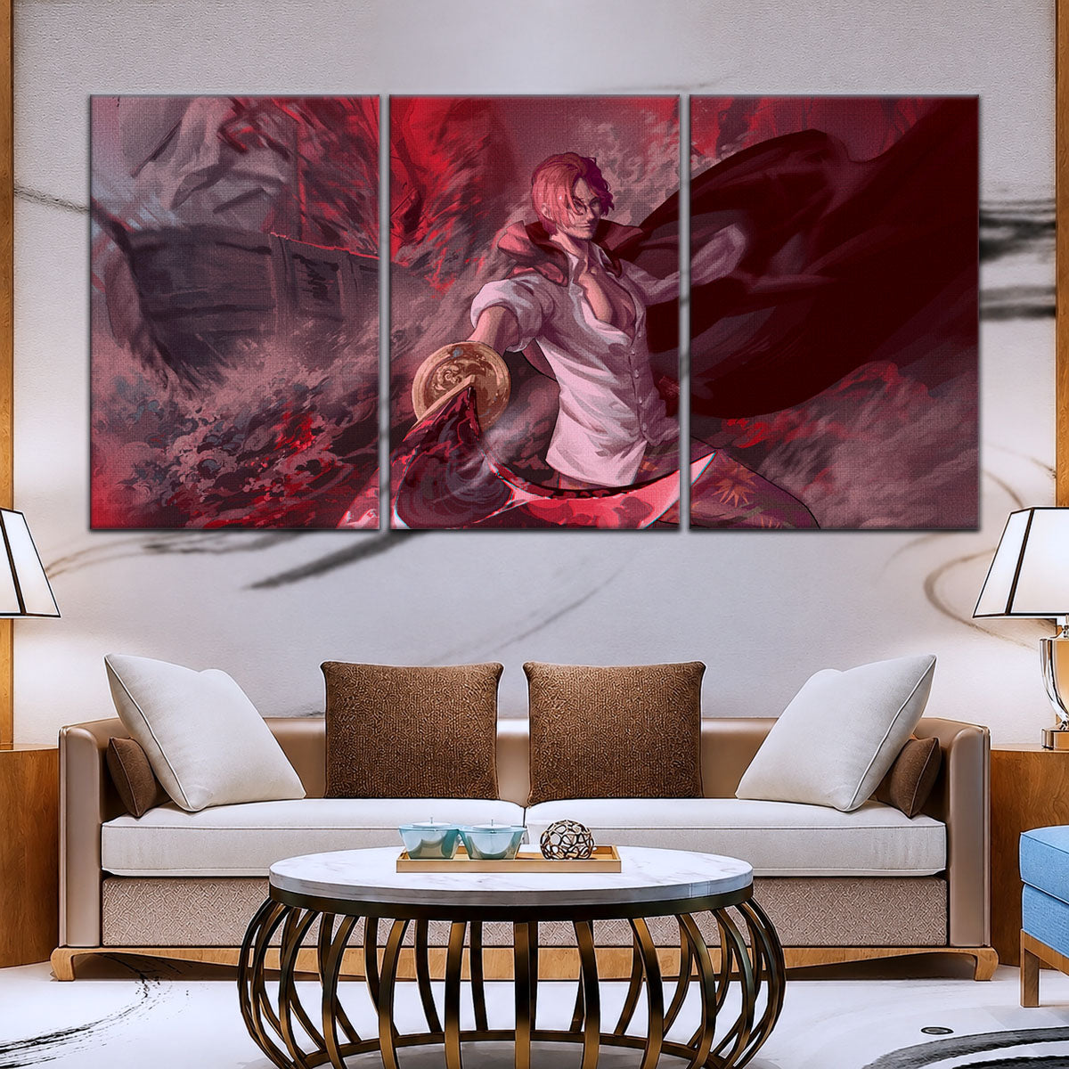 One Piece Canvas Wall Art - Red Hair Shanks 5 Piece Split Panel Anime Poster - Framed Ready to Hang Living Room & Man Cave Decor - OP5017