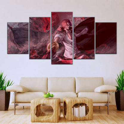 One Piece Canvas Wall Art - Red Hair Shanks 5 Piece Split Panel Anime Poster - Framed Ready to Hang Living Room & Man Cave Decor - OP5017