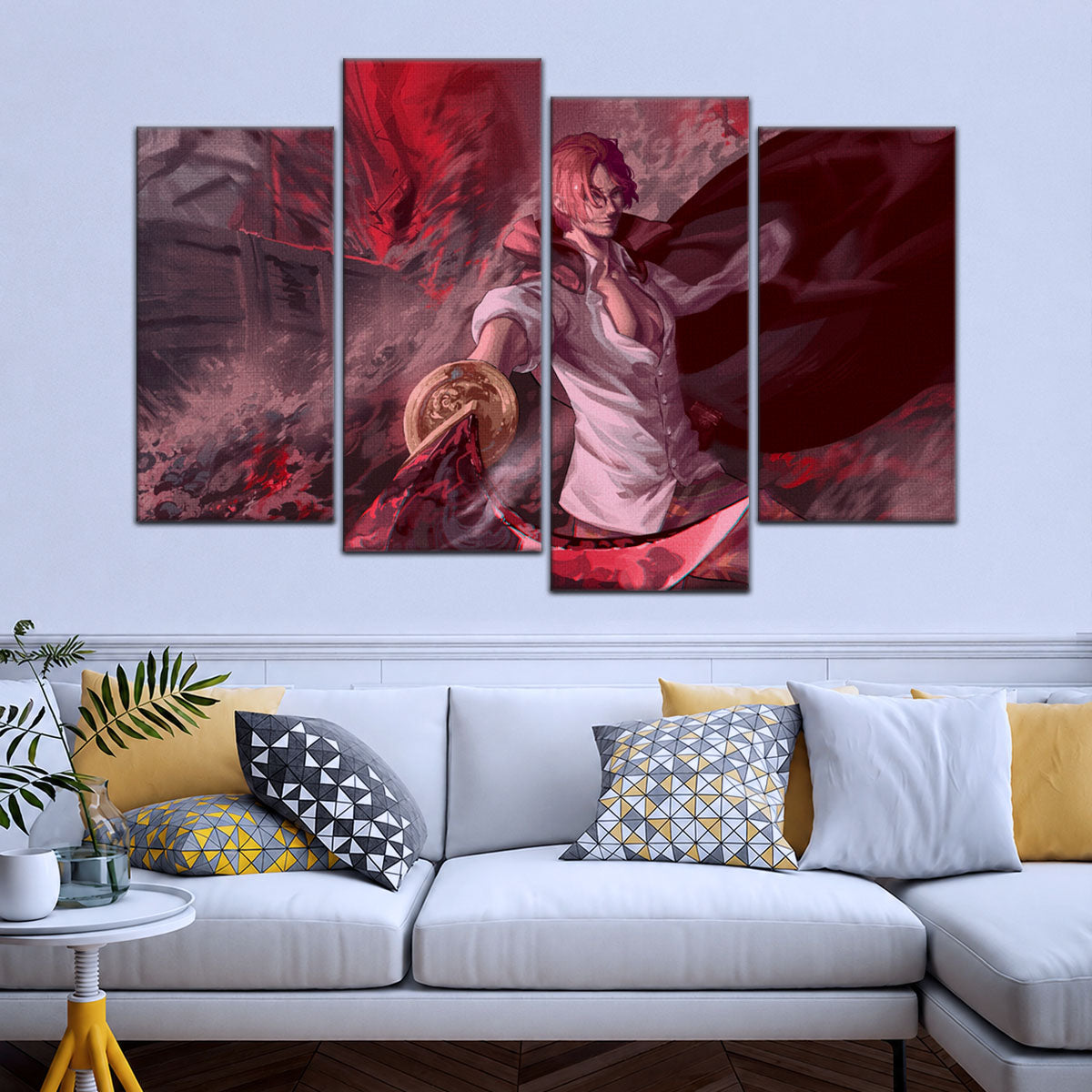 One Piece Canvas Wall Art - Red Hair Shanks 5 Piece Split Panel Anime Poster - Framed Ready to Hang Living Room & Man Cave Decor - OP5017